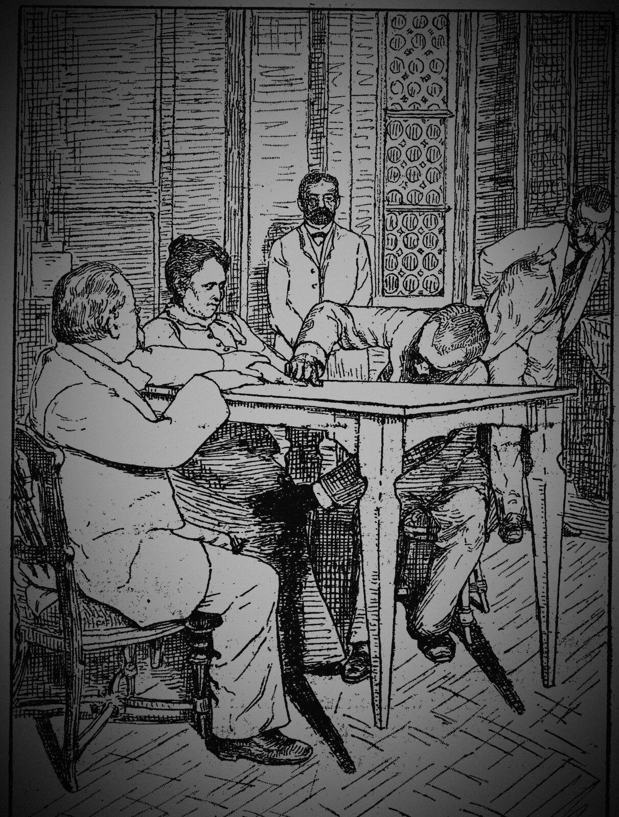 1892 drawing of a seance in Milan: scientists watching the medium Eusapia Palladino levitate a table