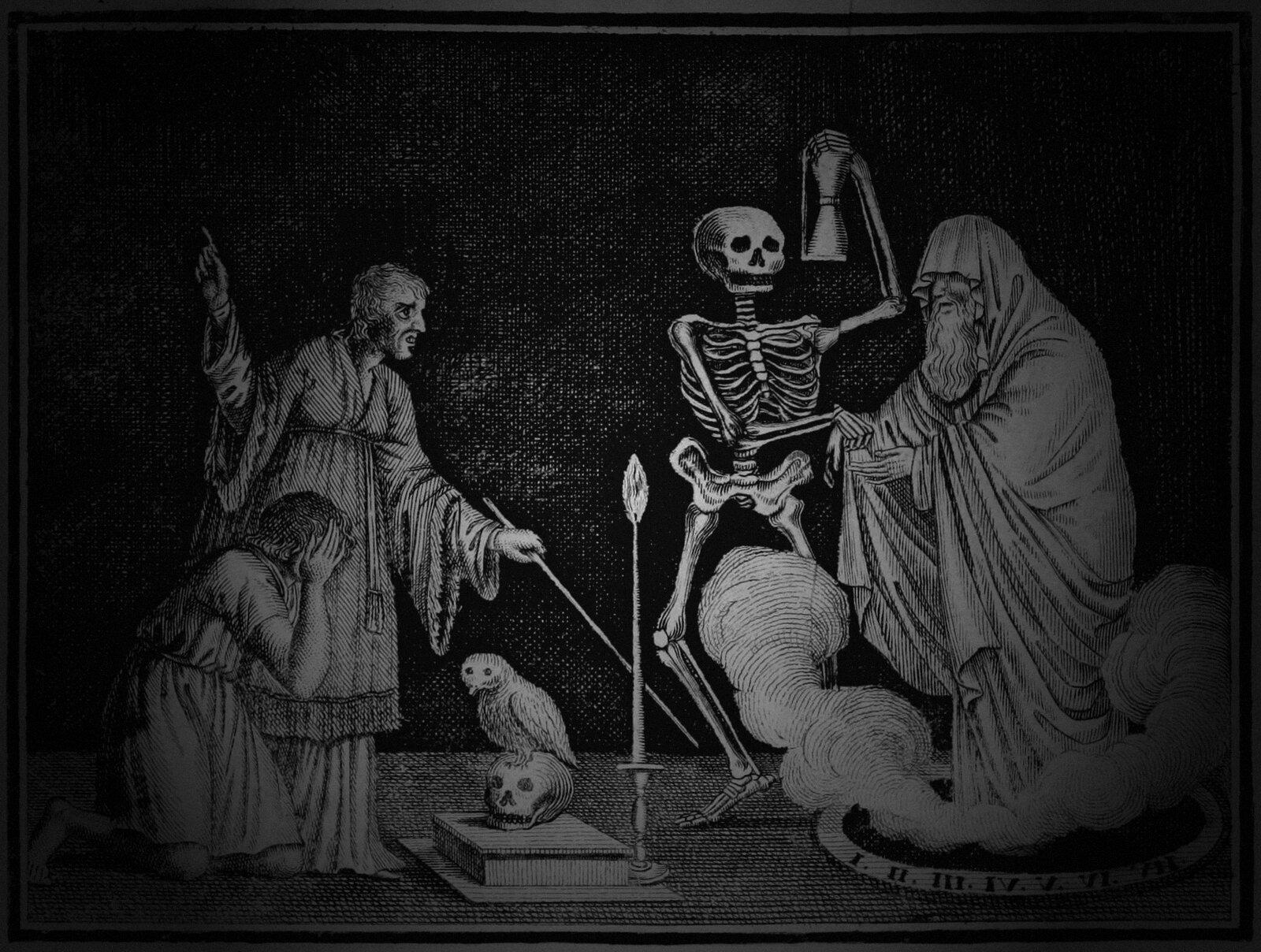 1790s phantasmagoria engraving: a skeleton and a shrouded ghost conjured in smoke before a kneeling woman